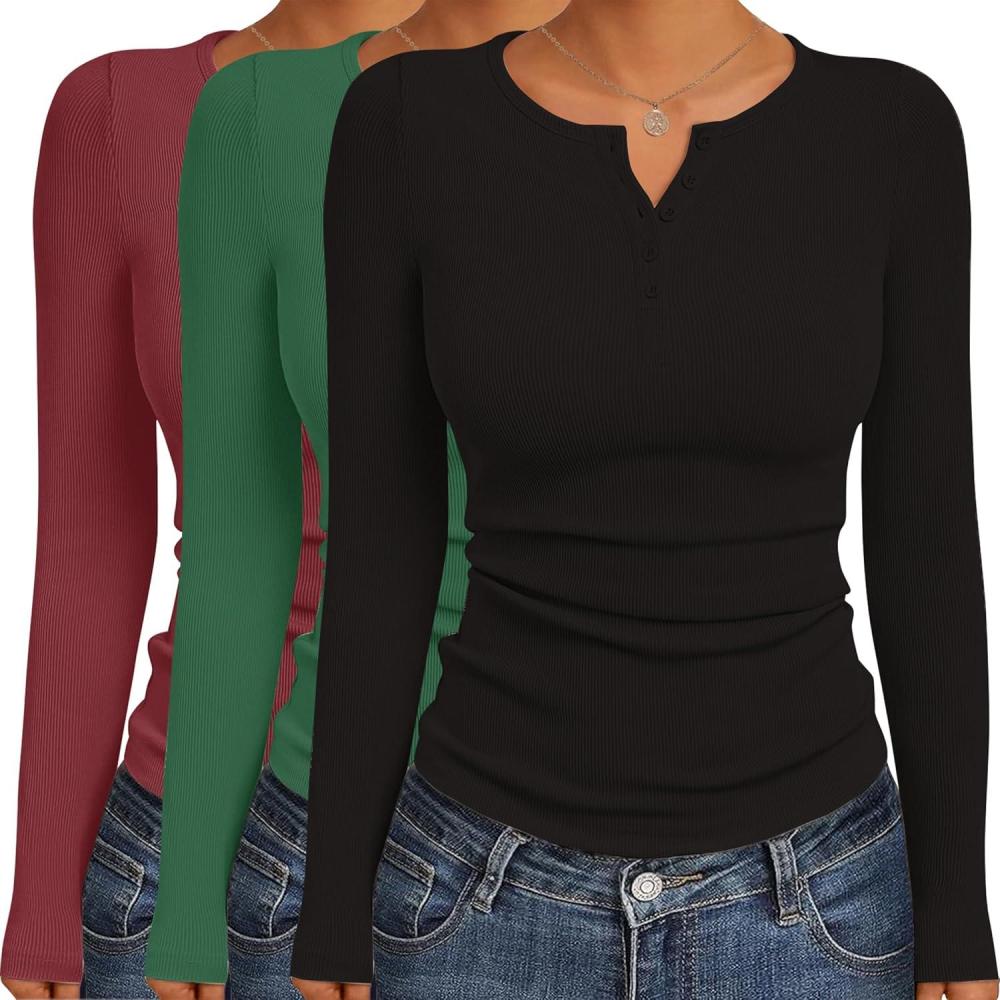 imageEkouaer Womens Long Sleeve Shirts 3 Packs Henley Button Down Tops Ribbed Slim Fit Base Layer Soft Thermal TeeBlack Green Wine Red 3pcs