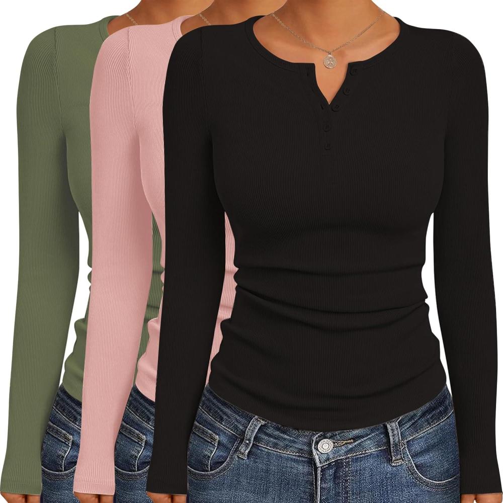 imageEkouaer Womens Long Sleeve Shirts 3 Packs Henley Button Down Tops Ribbed Slim Fit Base Layer Soft Thermal TeeBlack Pink Army Green 3pcs