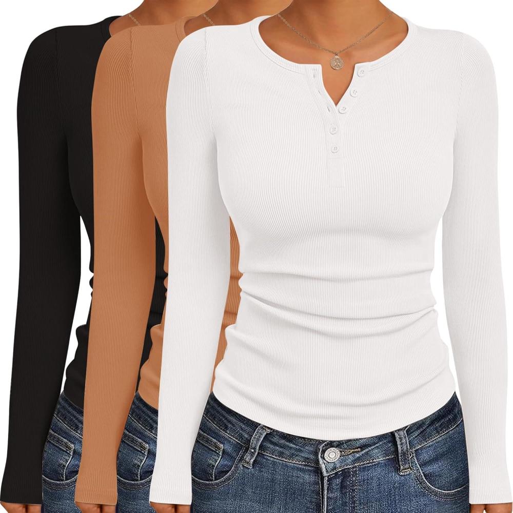 imageEkouaer Womens Long Sleeve Shirts 3 Packs Henley Button Down Tops Ribbed Slim Fit Base Layer Soft Thermal TeeBlack  White  Light Brown 3pcs