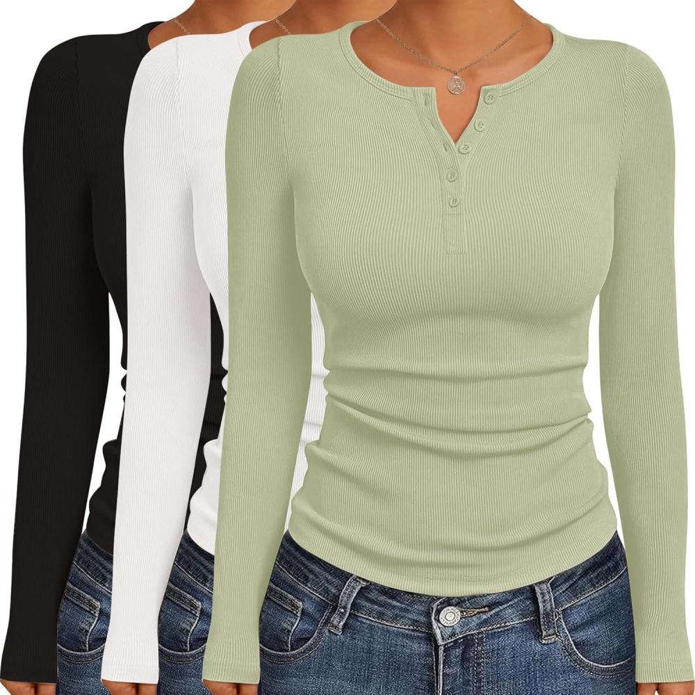 imageEkouaer Womens Long Sleeve Shirts 3 Packs Henley Button Down Tops Ribbed Slim Fit Base Layer Soft Thermal TeeBlack White Light Green 3pcs
