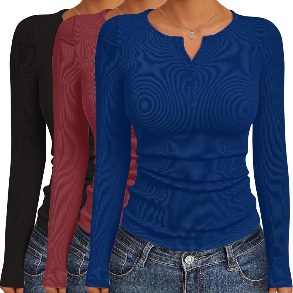 imageEkouaer Womens Long Sleeve Shirts 3 Packs Henley Button Down Tops Ribbed Slim Fit Base Layer Soft Thermal TeeBlack Wine Red Navy 3pcs