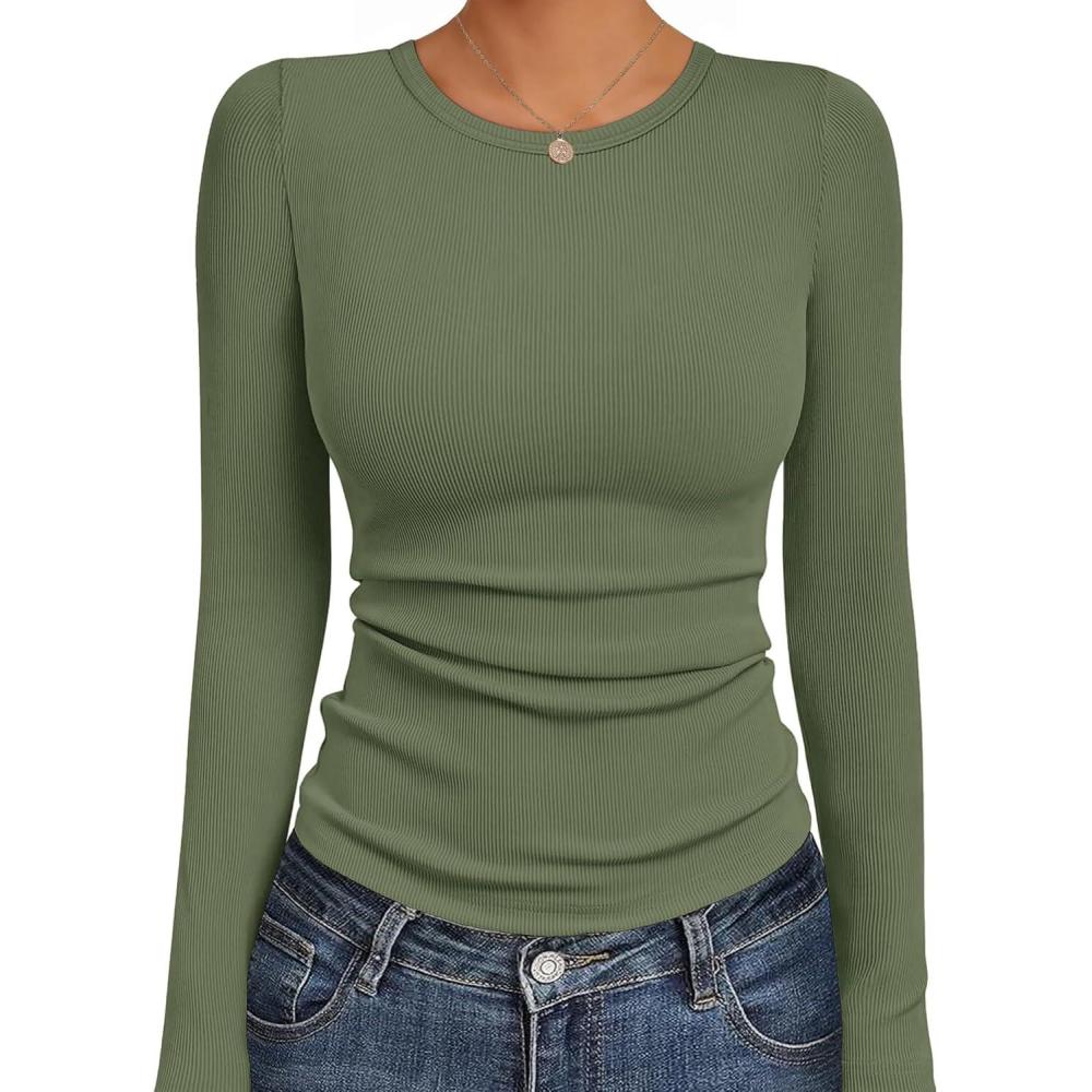 imageEkouaer Womens Long Sleeve Shirts Crew Neck Stretchy Fitted Ribbed Tops Basic Base Layer Soft Thermal Undershirts TeeArmy Green