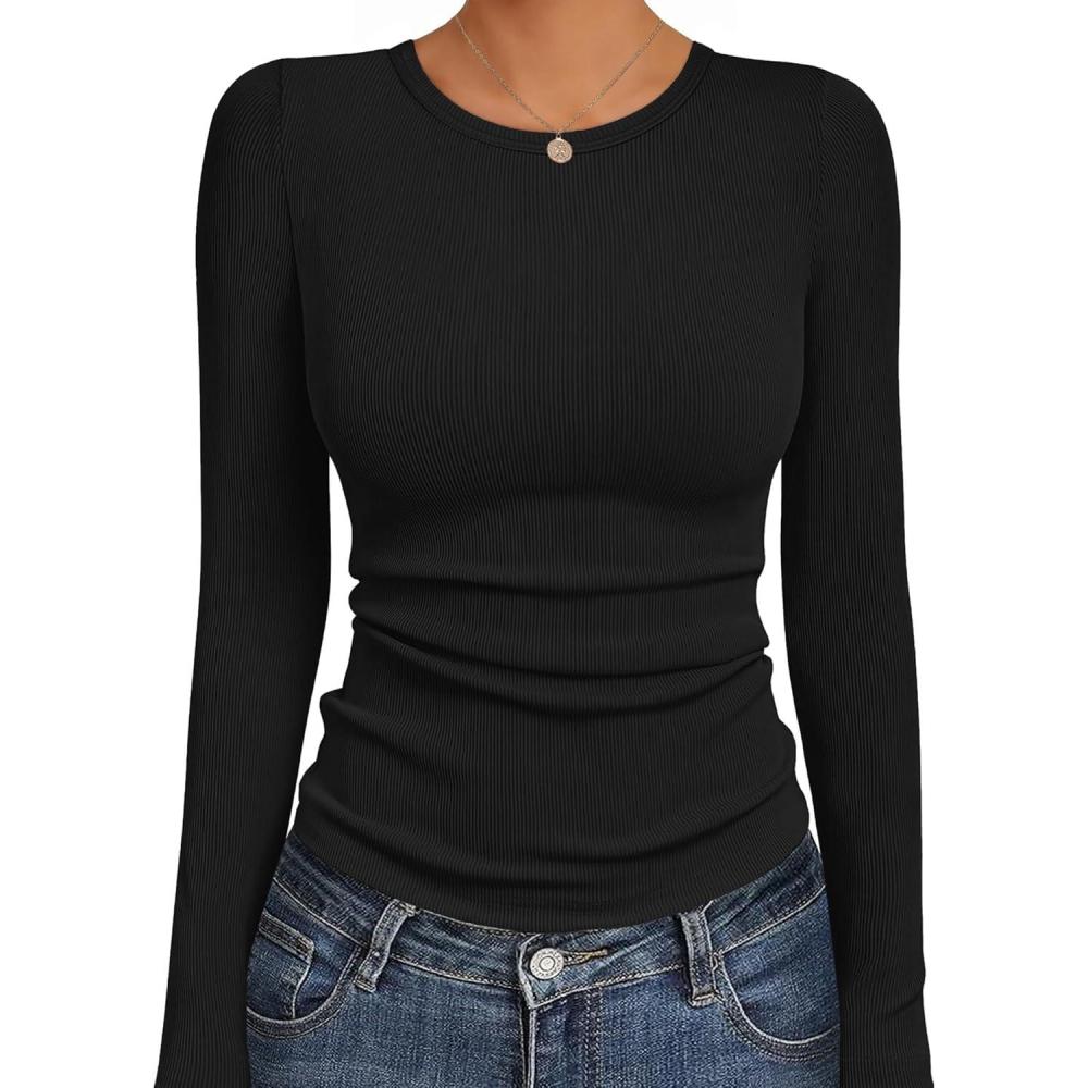 imageEkouaer Womens Long Sleeve Shirts Crew Neck Stretchy Fitted Ribbed Tops Basic Base Layer Soft Thermal Undershirts TeeBlack