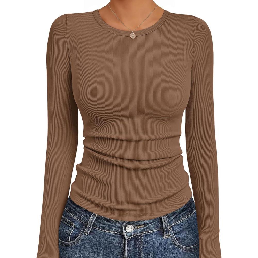 imageEkouaer Womens Long Sleeve Shirts Crew Neck Stretchy Fitted Ribbed Tops Basic Base Layer Soft Thermal Undershirts TeeBrown