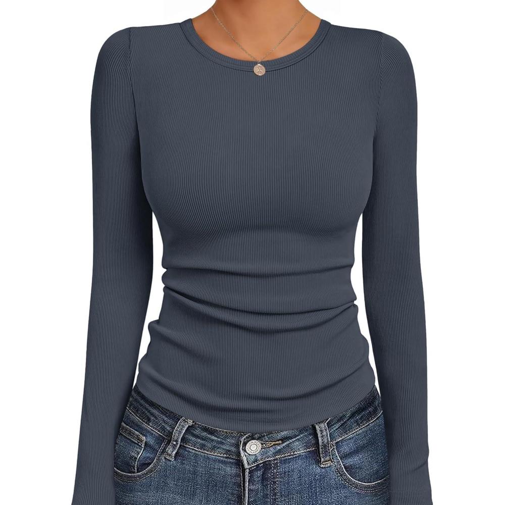 imageEkouaer Womens Long Sleeve Shirts Crew Neck Stretchy Fitted Ribbed Tops Basic Base Layer Soft Thermal Undershirts TeeDark Gray