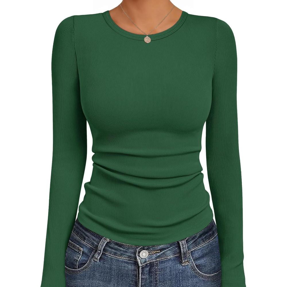 imageEkouaer Womens Long Sleeve Shirts Crew Neck Stretchy Fitted Ribbed Tops Basic Base Layer Soft Thermal Undershirts TeeGreen