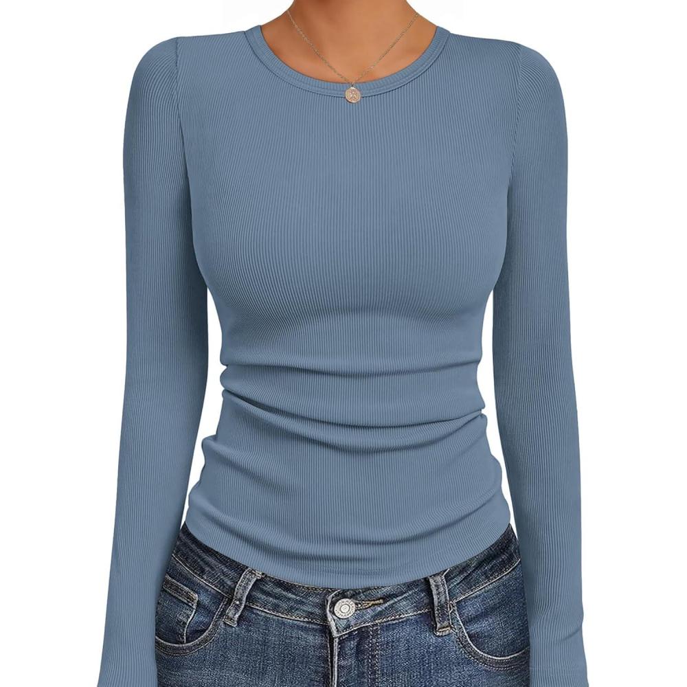 imageEkouaer Womens Long Sleeve Shirts Crew Neck Stretchy Fitted Ribbed Tops Basic Base Layer Soft Thermal Undershirts TeeGrey Blue