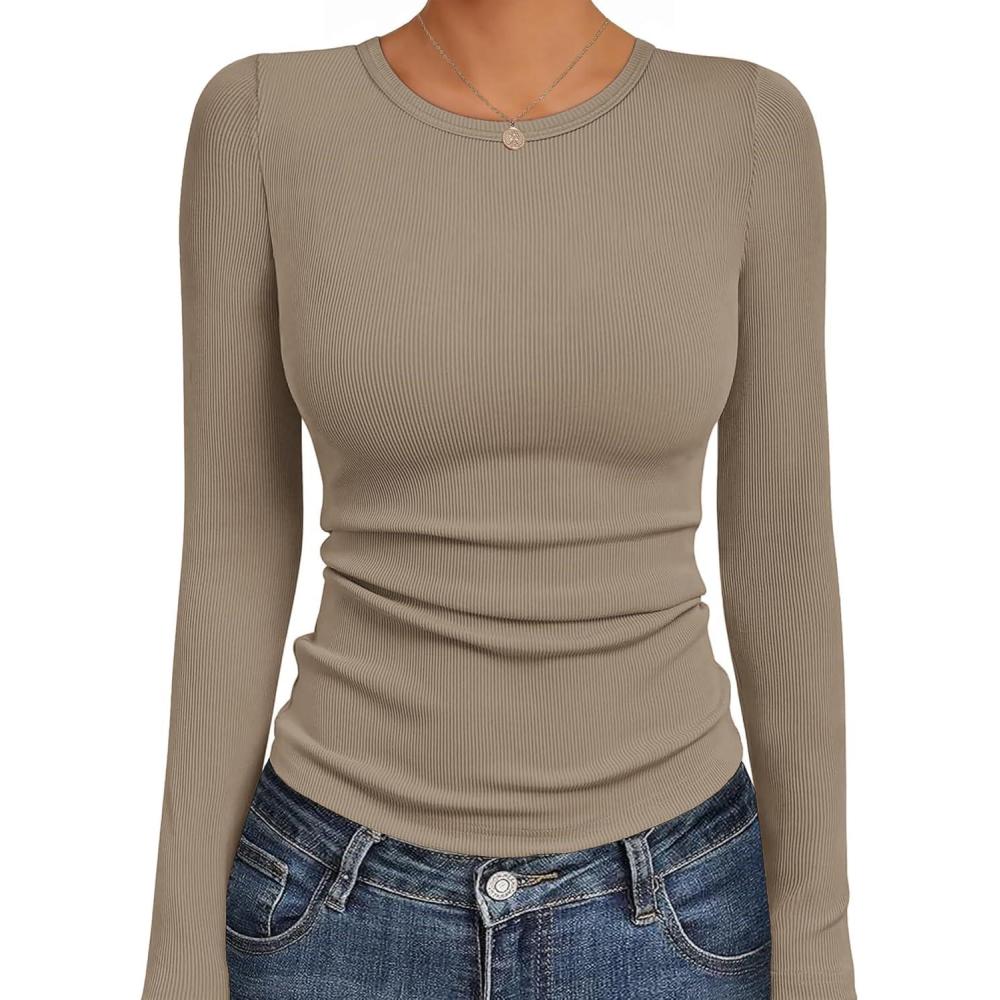 imageEkouaer Womens Long Sleeve Shirts Crew Neck Stretchy Fitted Ribbed Tops Basic Base Layer Soft Thermal Undershirts TeeKhaki