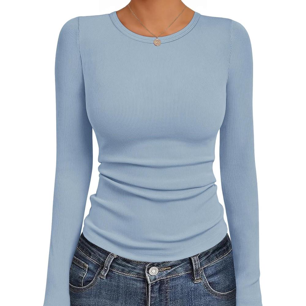 imageEkouaer Womens Long Sleeve Shirts Crew Neck Stretchy Fitted Ribbed Tops Basic Base Layer Soft Thermal Undershirts TeeLight Blue