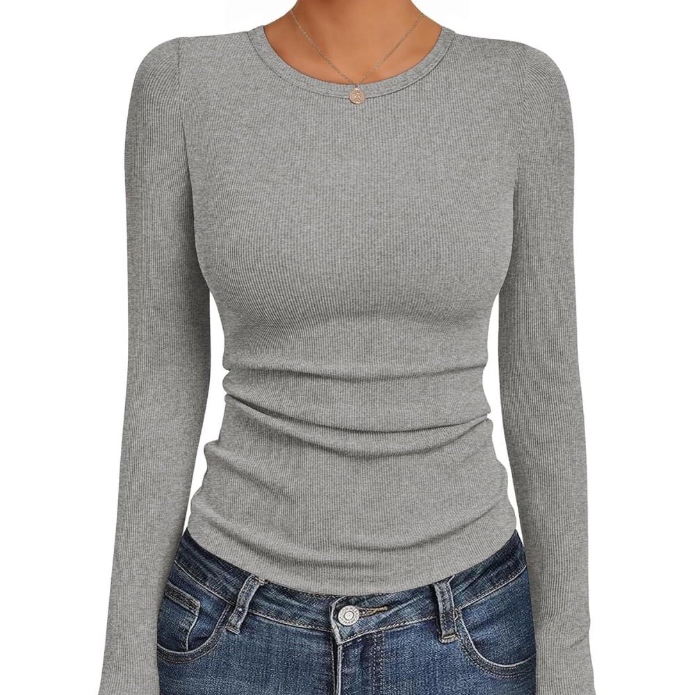imageEkouaer Womens Long Sleeve Shirts Crew Neck Stretchy Fitted Ribbed Tops Basic Base Layer Soft Thermal Undershirts TeeLight Gray