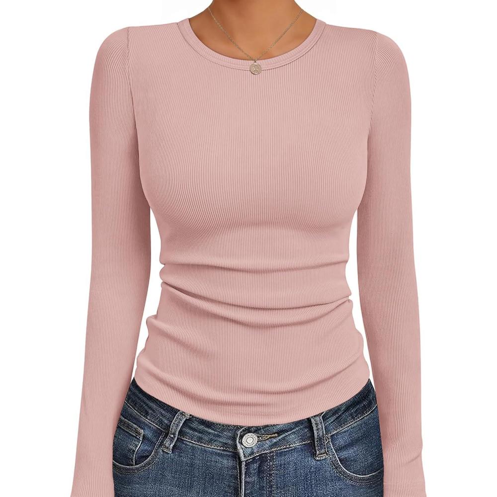 imageEkouaer Womens Long Sleeve Shirts Crew Neck Stretchy Fitted Ribbed Tops Basic Base Layer Soft Thermal Undershirts TeePink