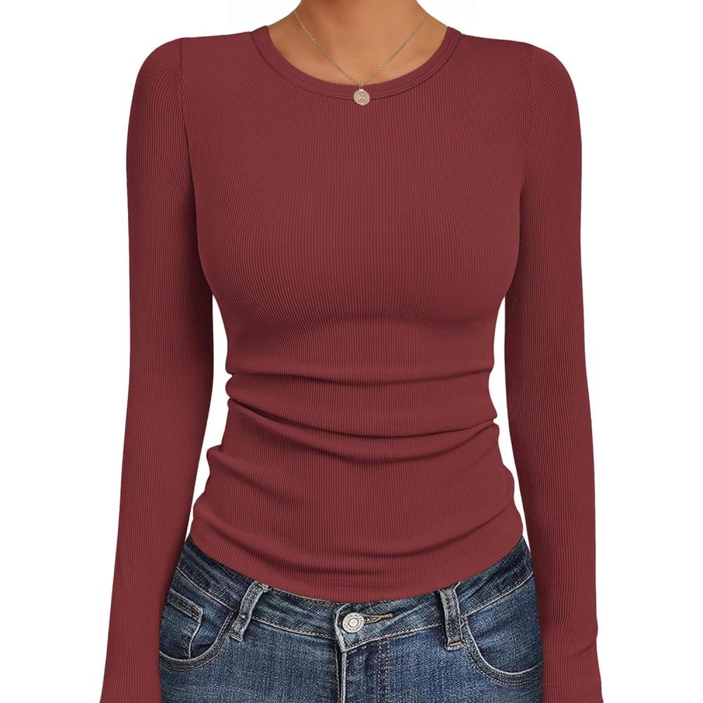 imageEkouaer Womens Long Sleeve Shirts Crew Neck Stretchy Fitted Ribbed Tops Basic Base Layer Soft Thermal Undershirts TeeWine Red