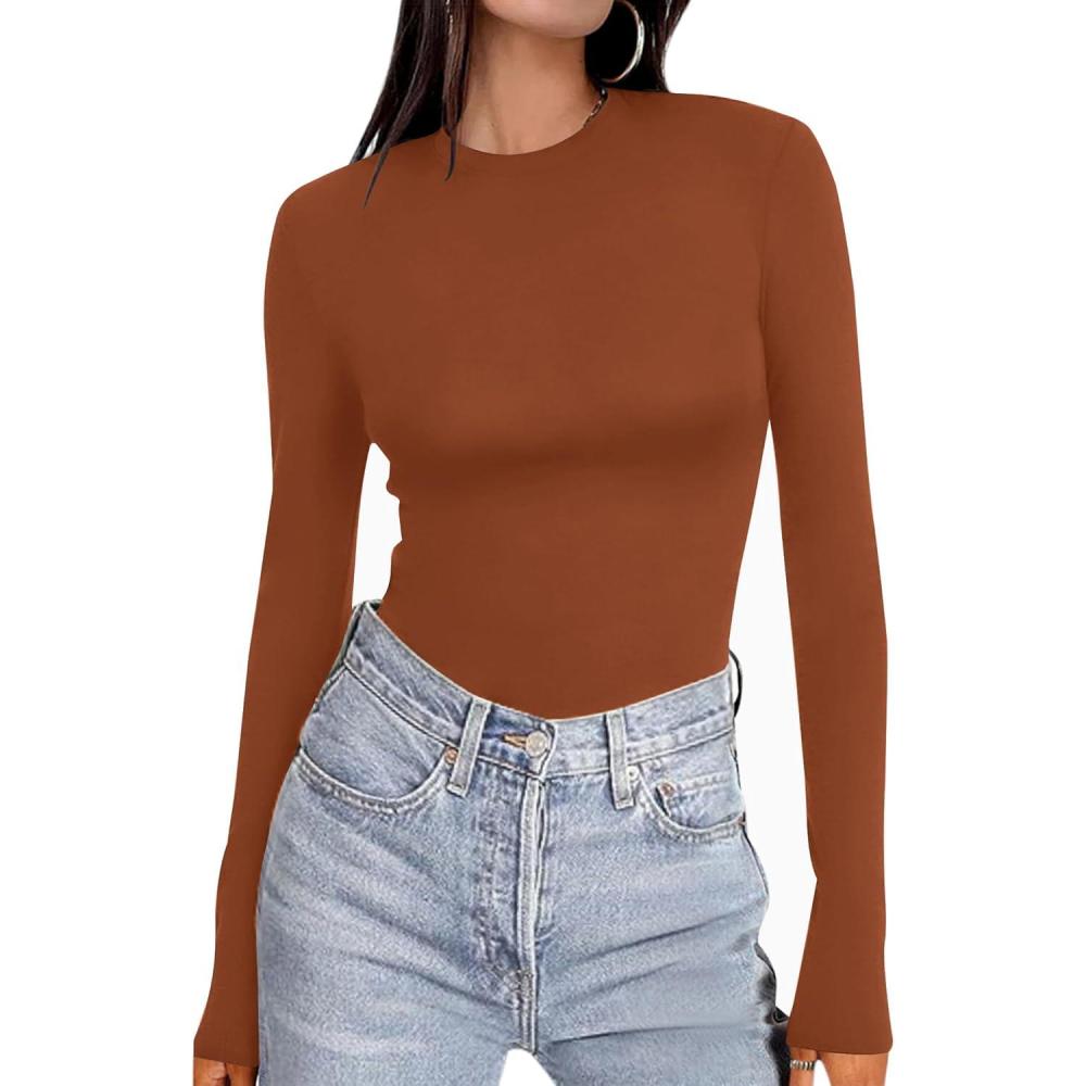 imageEkouaer Womens Long Sleeve Shirts Tight Fitted Tops Crewneck Underscrubs Tee Lightweight Basic Thermal UndershirtsLight Brown