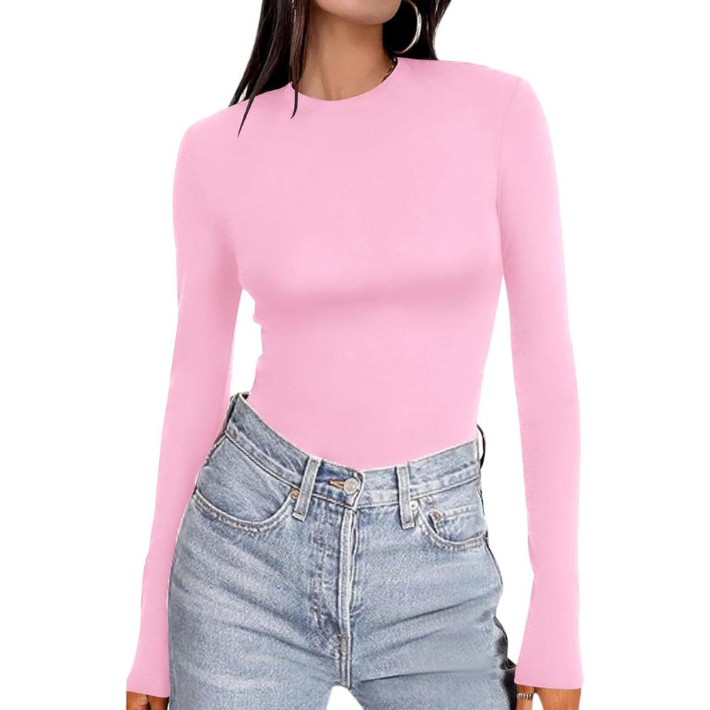 imageEkouaer Womens Long Sleeve Shirts Tight Fitted Tops Crewneck Underscrubs Tee Lightweight Basic Thermal UndershirtsPink