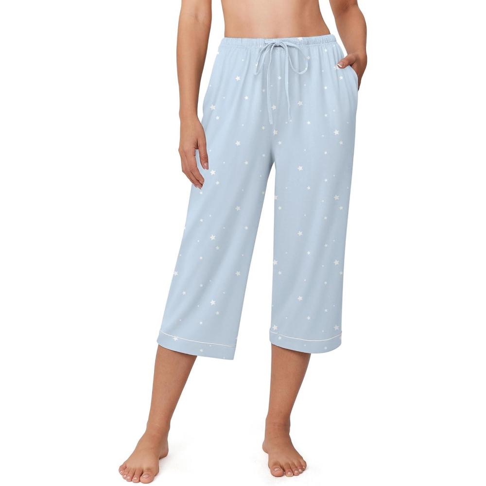 imageEkouaer Womens Pajamas Pants Capri Pj Bottoms with Pockets Comfy Drawstring Printed Lounge Soft Sleep PantsBlue Stars