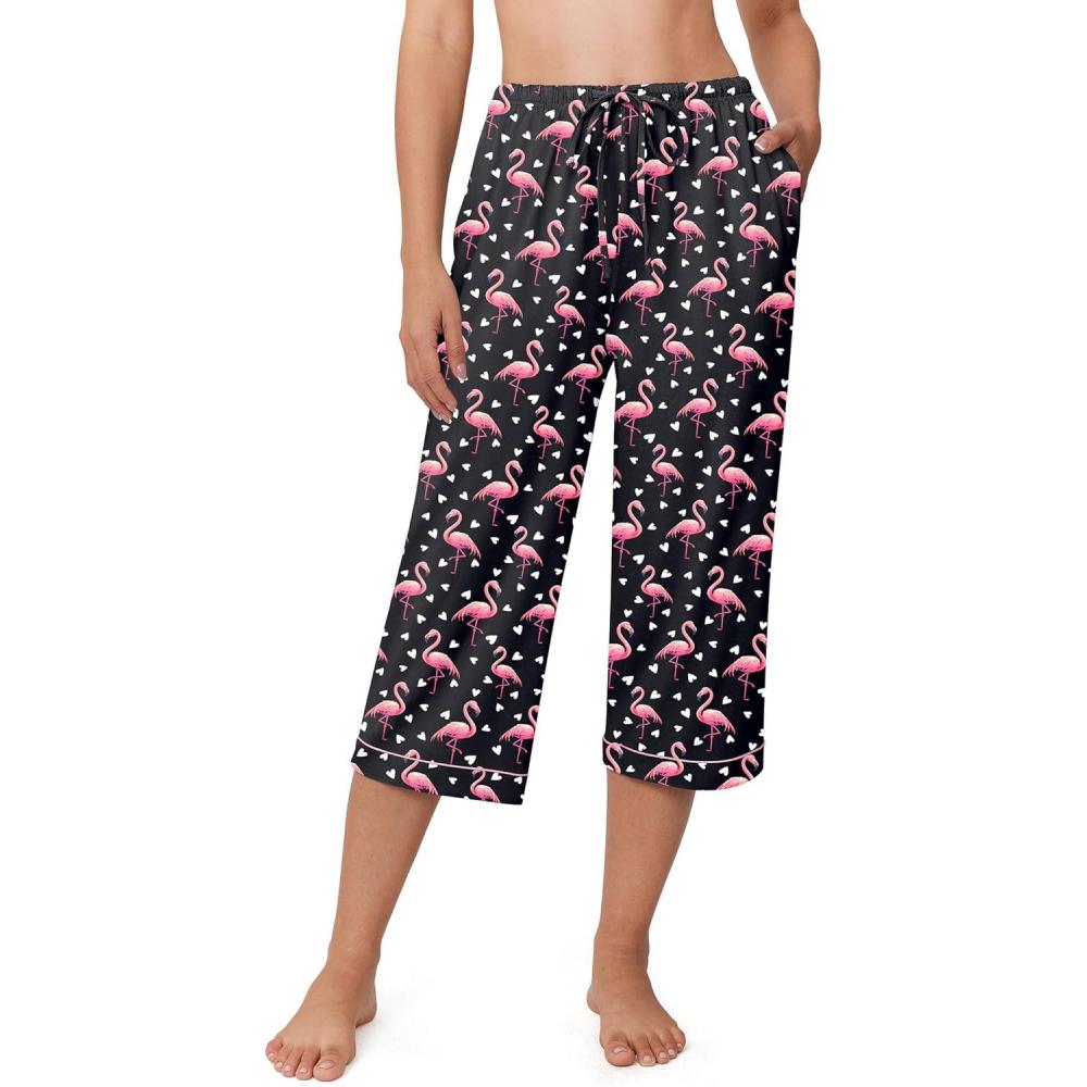 imageEkouaer Womens Pajamas Pants Capri Pj Bottoms with Pockets Comfy Drawstring Printed Lounge Soft Sleep PantsPink Birds
