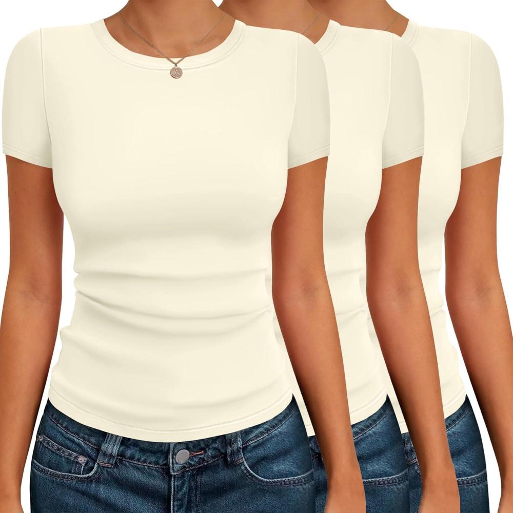 imageEkouaer Womens Short Sleeve Shirts 3 Pack Crew Neck Tops Slim Fit Basic Tees Trendy Clothes Base Layer3pcs Beige Beige Beige
