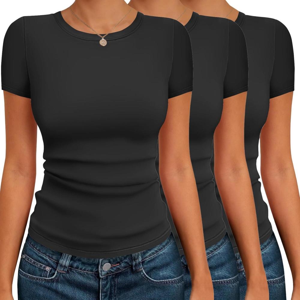 imageEkouaer Womens Short Sleeve Shirts 3 Pack Crew Neck Tops Slim Fit Basic Tees Trendy Clothes Base Layer3pcs Black Black Black