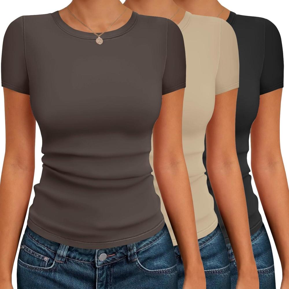 imageEkouaer Womens Short Sleeve Shirts 3 Pack Crew Neck Tops Slim Fit Basic Tees Trendy Clothes Base Layer3pcs Black Khaki Chestnut Brown