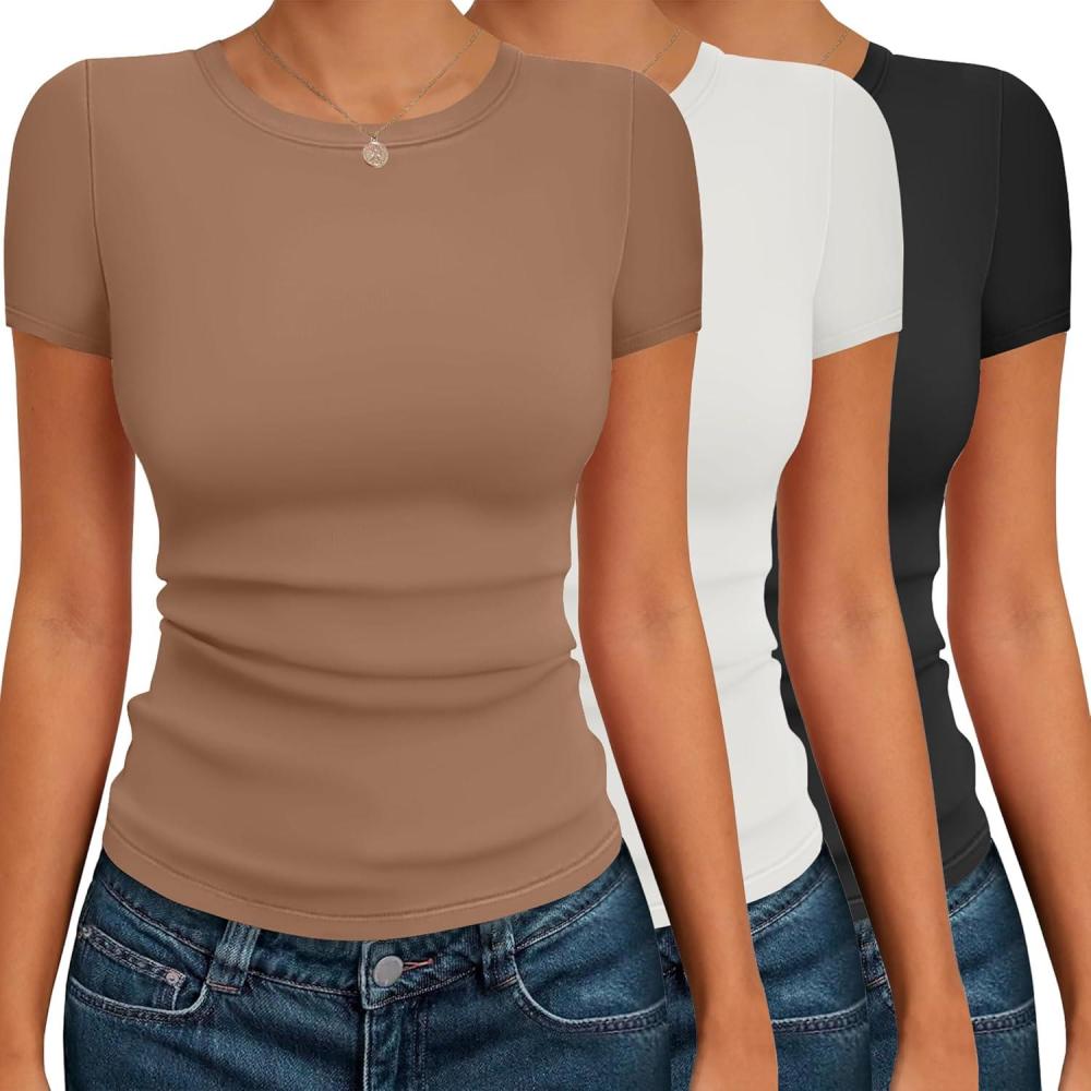 imageEkouaer Womens Short Sleeve Shirts 3 Pack Crew Neck Tops Slim Fit Basic Tees Trendy Clothes Base Layer3pcs Black White Brown