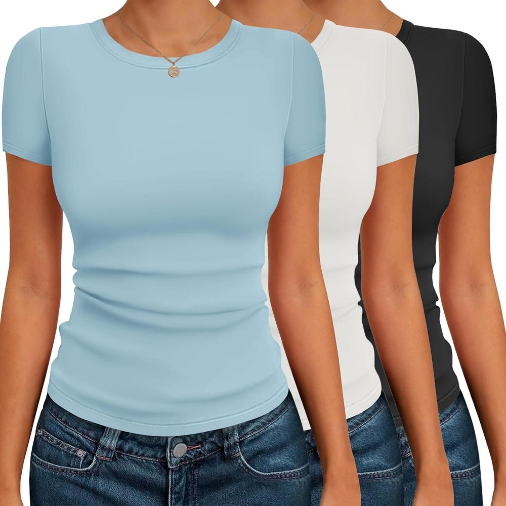 imageEkouaer Womens Short Sleeve Shirts 3 Pack Crew Neck Tops Slim Fit Basic Tees Trendy Clothes Base Layer3pcs Black White Light Blue