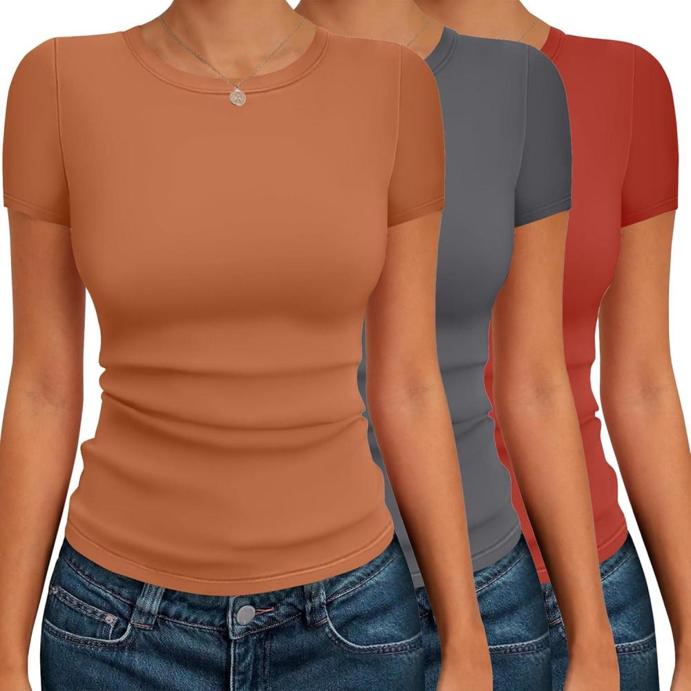 imageEkouaer Womens Short Sleeve Shirts 3 Pack Crew Neck Tops Slim Fit Basic Tees Trendy Clothes Base Layer3pcs Caramel Dark Gray Red