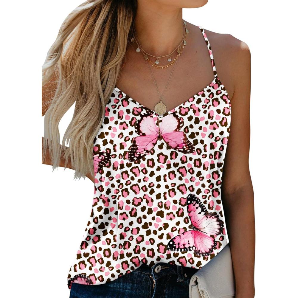 imageEkouaer Womens Silk Satin Tank Tops V Neck Camisole Spaghetti Strap Top Summer Basic BlouseButterfly Leopard