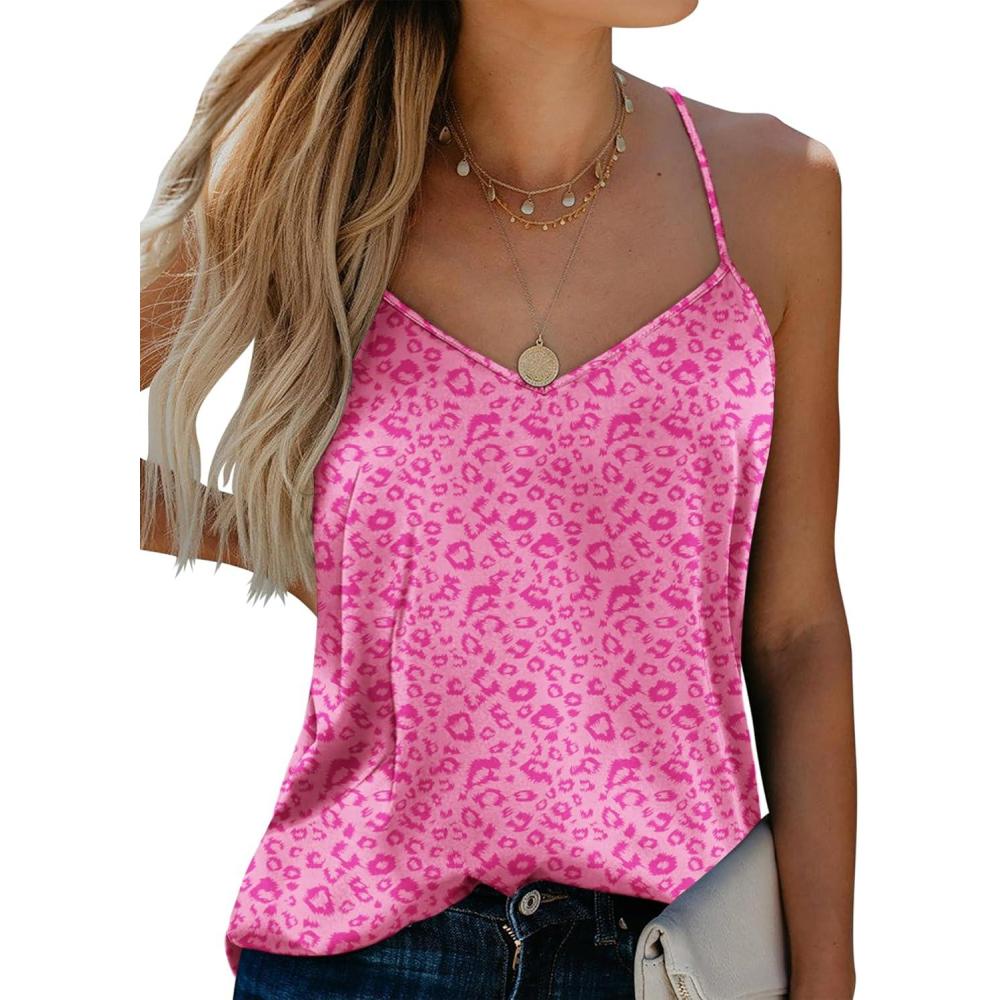 imageEkouaer Womens Silk Satin Tank Tops V Neck Camisole Spaghetti Strap Top Summer Basic BlouseRose Leopard