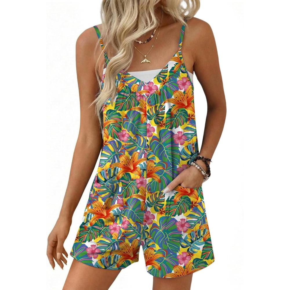 imageEkouaer Womens Summer Casual Sleeveless Rompers 2026 Floral Loose Shorts Overalls Adjustable Boho Jumpsuits with PocketsGreen Leaves Floral
