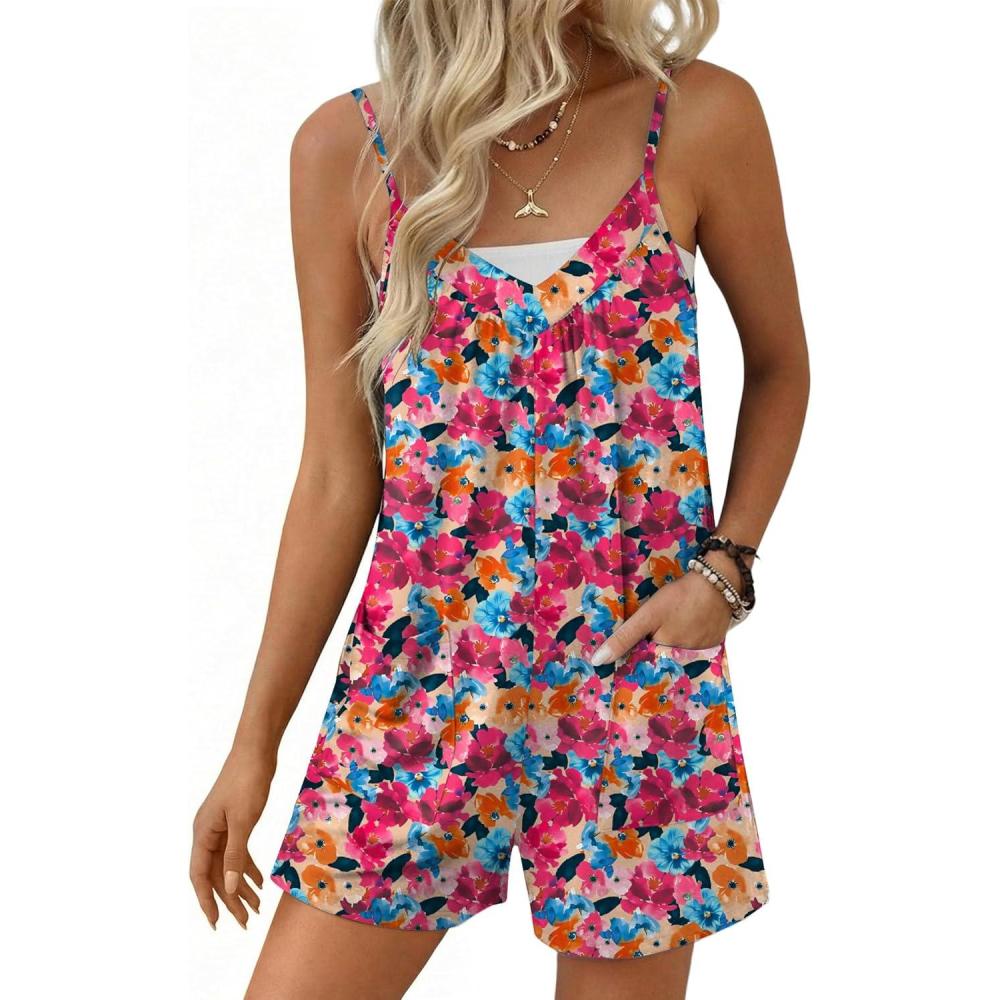 imageEkouaer Womens Summer Casual Sleeveless Rompers 2026 Floral Loose Shorts Overalls Adjustable Boho Jumpsuits with PocketsRose Red Floral