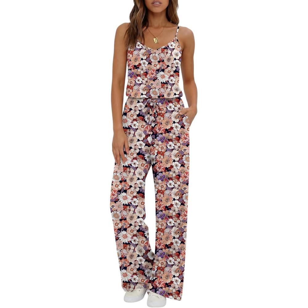 imageEkouaer Womens Summer Jumpsuits Dressy Sleeveless Wide Leg Long Pants Rompers Casual One Piece Outfits with PocketsBlack Floral