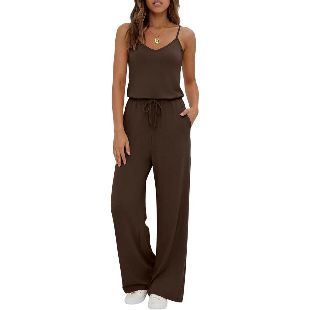 imageEkouaer Womens Summer Jumpsuits Dressy Sleeveless Wide Leg Long Pants Rompers Casual One Piece Outfits with PocketsBrown