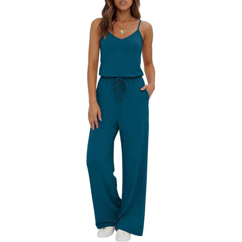 imageEkouaer Womens Summer Jumpsuits Dressy Sleeveless Wide Leg Long Pants Rompers Casual One Piece Outfits with PocketsDark Blue
