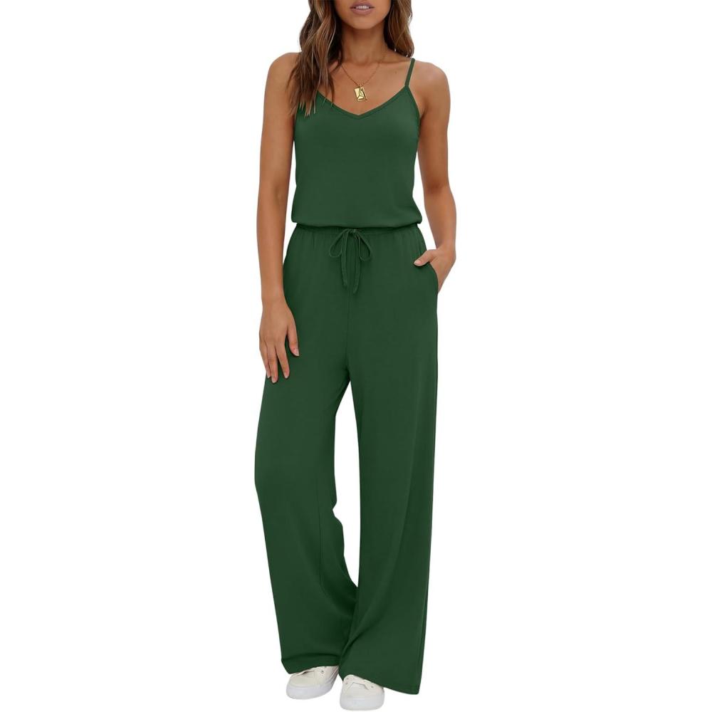 imageEkouaer Womens Summer Jumpsuits Dressy Sleeveless Wide Leg Long Pants Rompers Casual One Piece Outfits with PocketsGreen