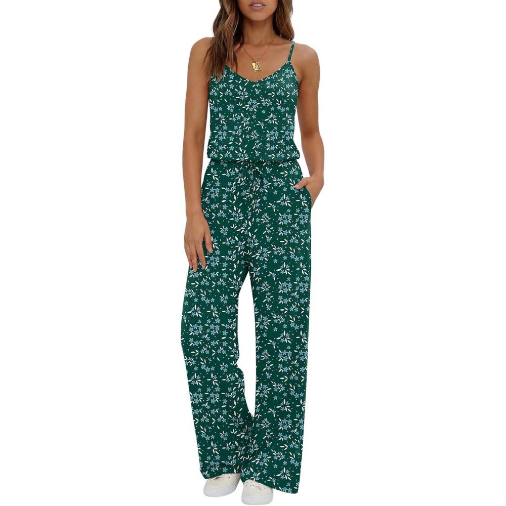 imageEkouaer Womens Summer Jumpsuits Dressy Sleeveless Wide Leg Long Pants Rompers Casual One Piece Outfits with PocketsGreen Floral
