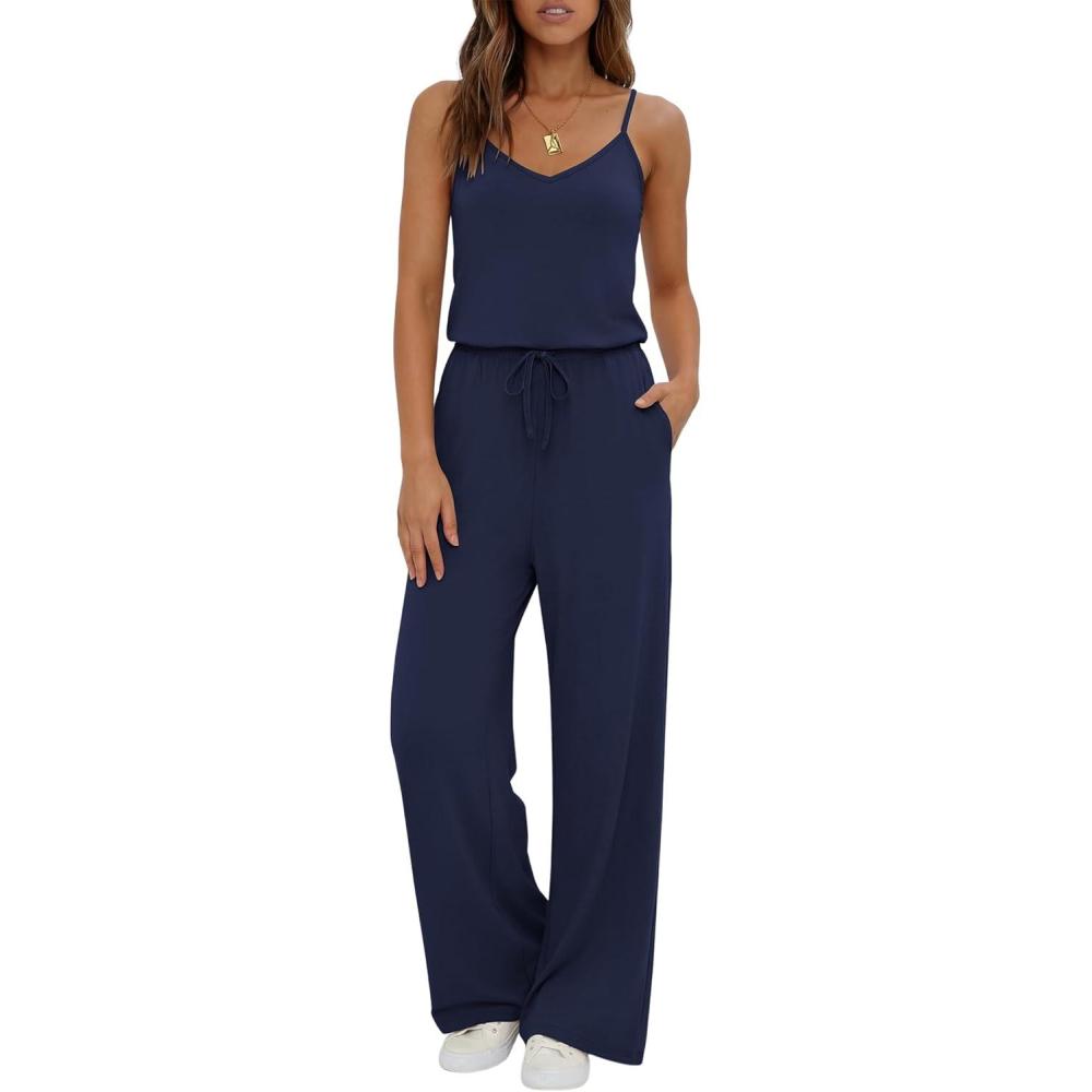 imageEkouaer Womens Summer Jumpsuits Dressy Sleeveless Wide Leg Long Pants Rompers Casual One Piece Outfits with PocketsNavy Blue