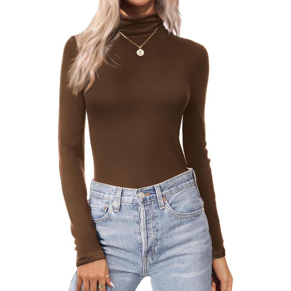 imageEkouaer Womens Turtleneck Long Sleeve Shirts Thermal Underwear Tops Basic Slim Fit Fall Fashion Lightweight TopBrown