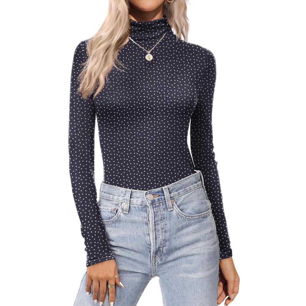 imageEkouaer Womens Turtleneck Long Sleeve Shirts Thermal Underwear Tops Basic Slim Fit Fall Fashion Lightweight TopCamel Navy Dots