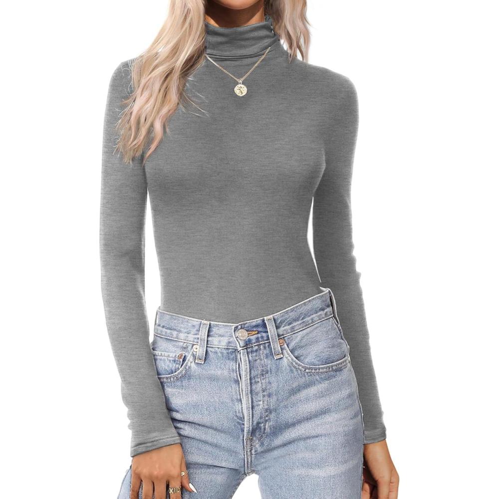 imageEkouaer Womens Turtleneck Long Sleeve Shirts Thermal Underwear Tops Basic Slim Fit Fall Fashion Lightweight TopLight Gray