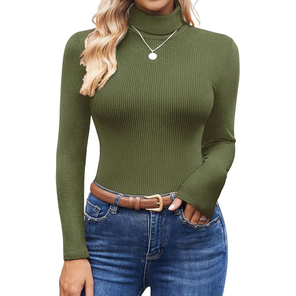 imageEkouaer Womens Turtleneck Shirts Ribbed Pullover Sweater Long Sleeves Tops Midweight Thermal Underwear BlouseArmy Green
