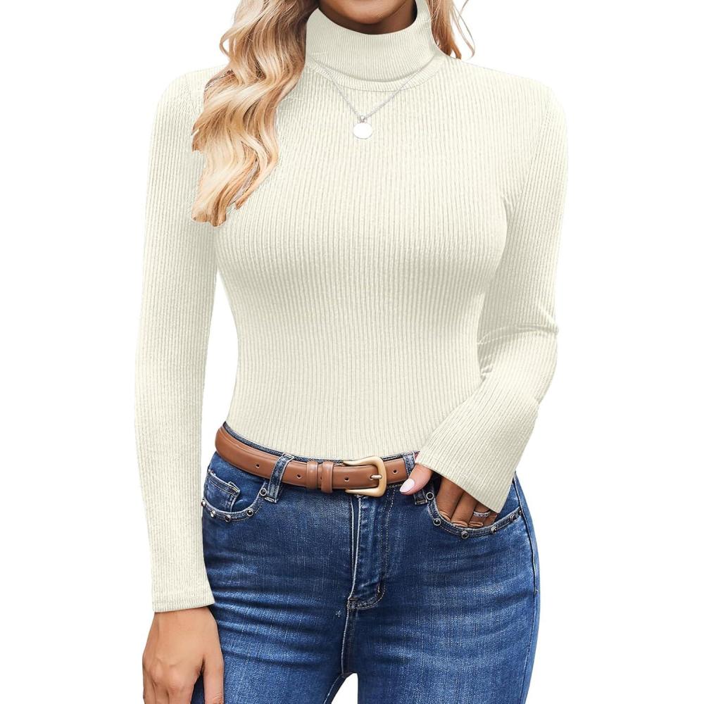 imageEkouaer Womens Turtleneck Shirts Ribbed Pullover Sweater Long Sleeves Tops Midweight Thermal Underwear BlouseBeige