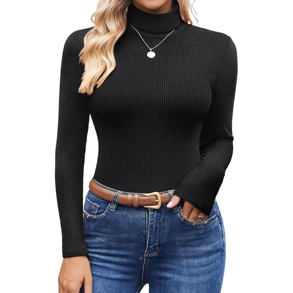 imageEkouaer Womens Turtleneck Shirts Ribbed Pullover Sweater Long Sleeves Tops Midweight Thermal Underwear BlouseBlack