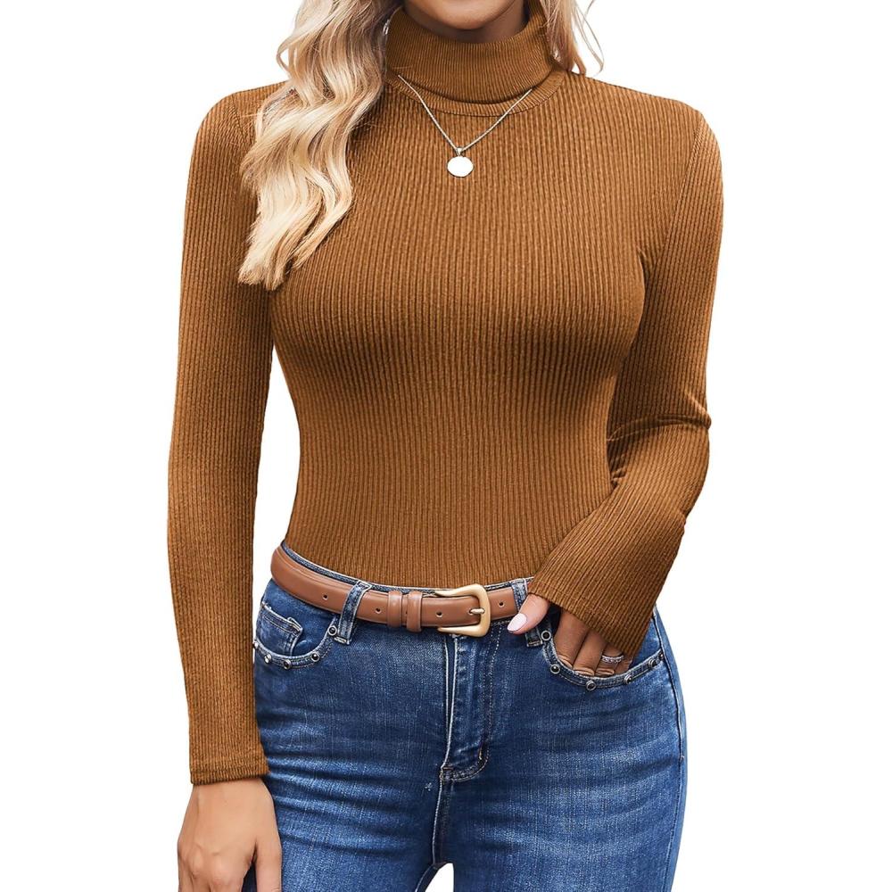 imageEkouaer Womens Turtleneck Shirts Ribbed Pullover Sweater Long Sleeves Tops Midweight Thermal Underwear BlouseBrown