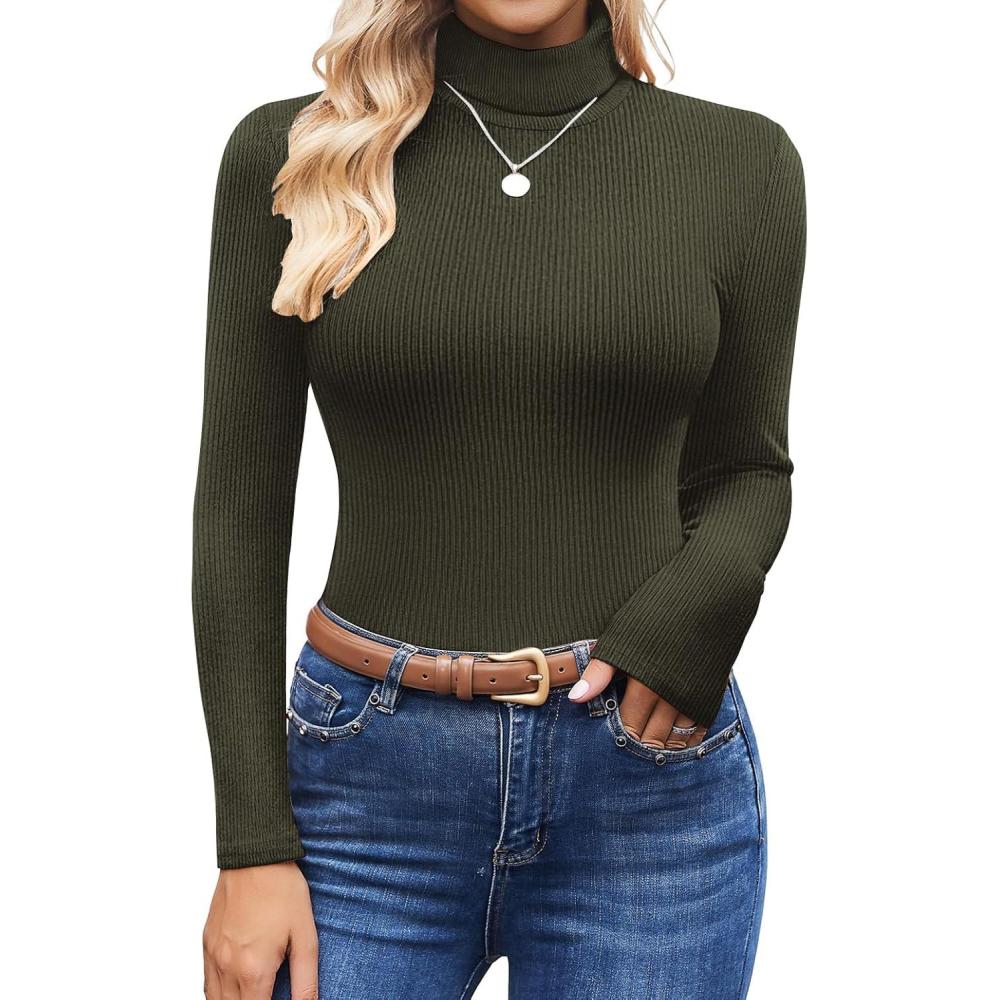 imageEkouaer Womens Turtleneck Shirts Ribbed Pullover Sweater Long Sleeves Tops Midweight Thermal Underwear BlouseDark Army Green