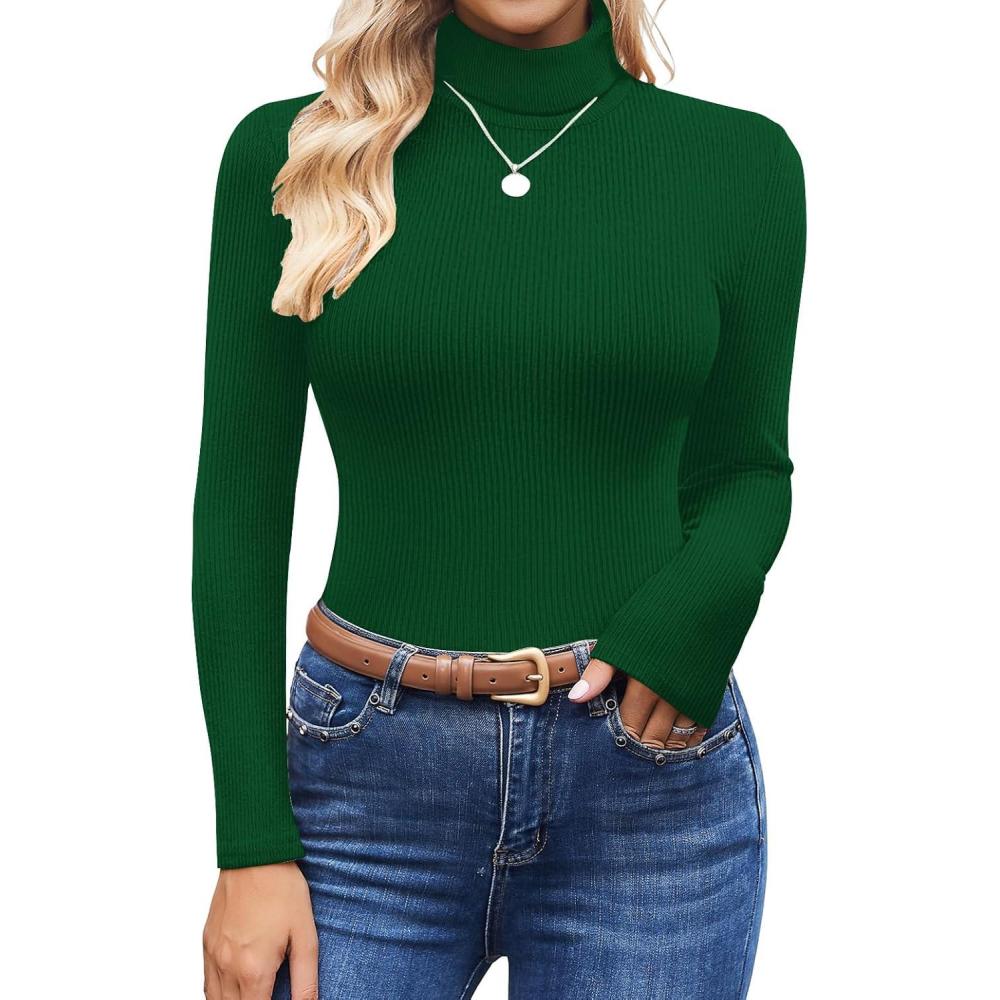 imageEkouaer Womens Turtleneck Shirts Ribbed Pullover Sweater Long Sleeves Tops Midweight Thermal Underwear BlouseEvergreen