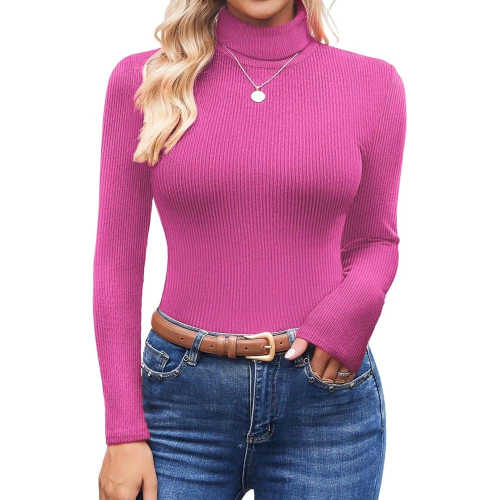 imageEkouaer Womens Turtleneck Shirts Ribbed Pullover Sweater Long Sleeves Tops Midweight Thermal Underwear BlouseRose Red