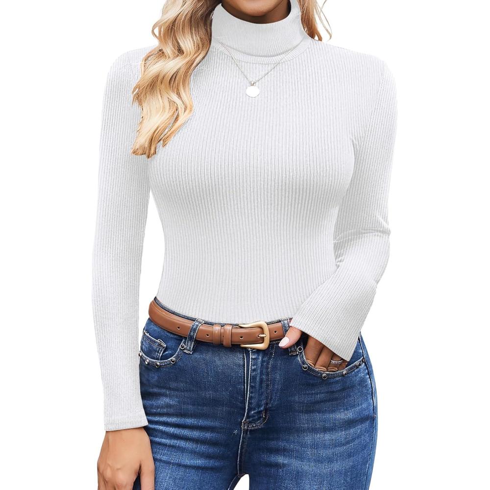 imageEkouaer Womens Turtleneck Shirts Ribbed Pullover Sweater Long Sleeves Tops Midweight Thermal Underwear BlouseWhite