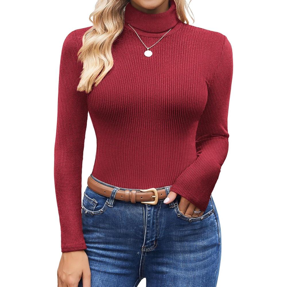 imageEkouaer Womens Turtleneck Shirts Ribbed Pullover Sweater Long Sleeves Tops Midweight Thermal Underwear BlouseWine Red