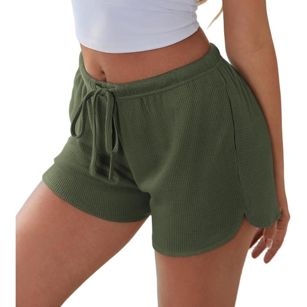 imageEkouaer Womens Waffle Knit Pajama Shorts Soft Drawstring Lounge bottoms Casual Workout Shorts with PocketsGreen