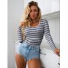Ekouaer Women Long Sleeve Shirt Scoop Neck Tops Slim Fit Basic Top Thermal Undershirts Base Layer Tee(Black Blue Stripe)